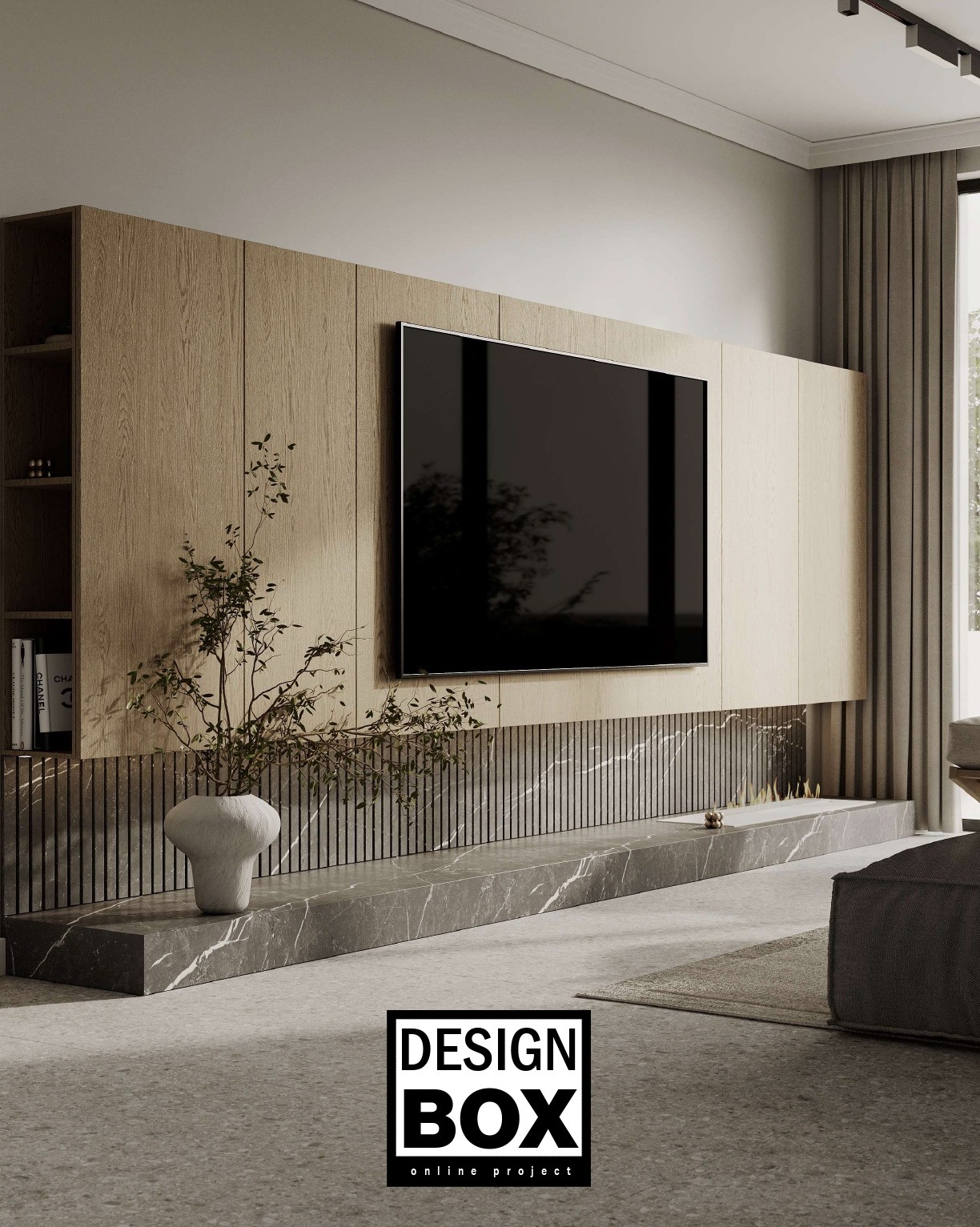 Minimalistyczny salon z drewnianą zabudową TV, marmurowym blatem i dekoracyjną rośliną w białym wazonie. Subtelne oświetlenie i zasłony dodają elegancji.