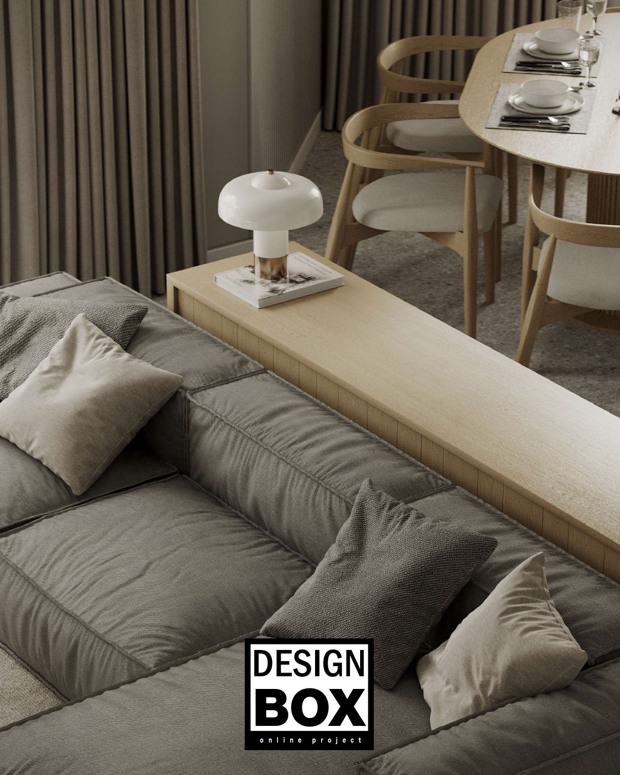 Stylowy salon z sofą modułową w odcieniach szarości, drewnianym stołem jadalnym i lampą. Minimalistyczny design z nutą elegancji, stonowana kolorystyka.