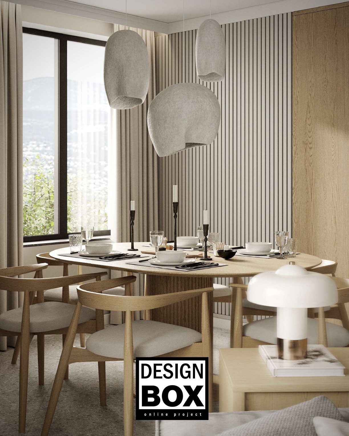 Elegancka jadalnia z okrągłym stołem, drewnianymi krzesłami i designerskimi lampami wiszącymi. Minimalistyczne nakrycie stołu, widok na miasto za oknem, ciepła kolorystyka.