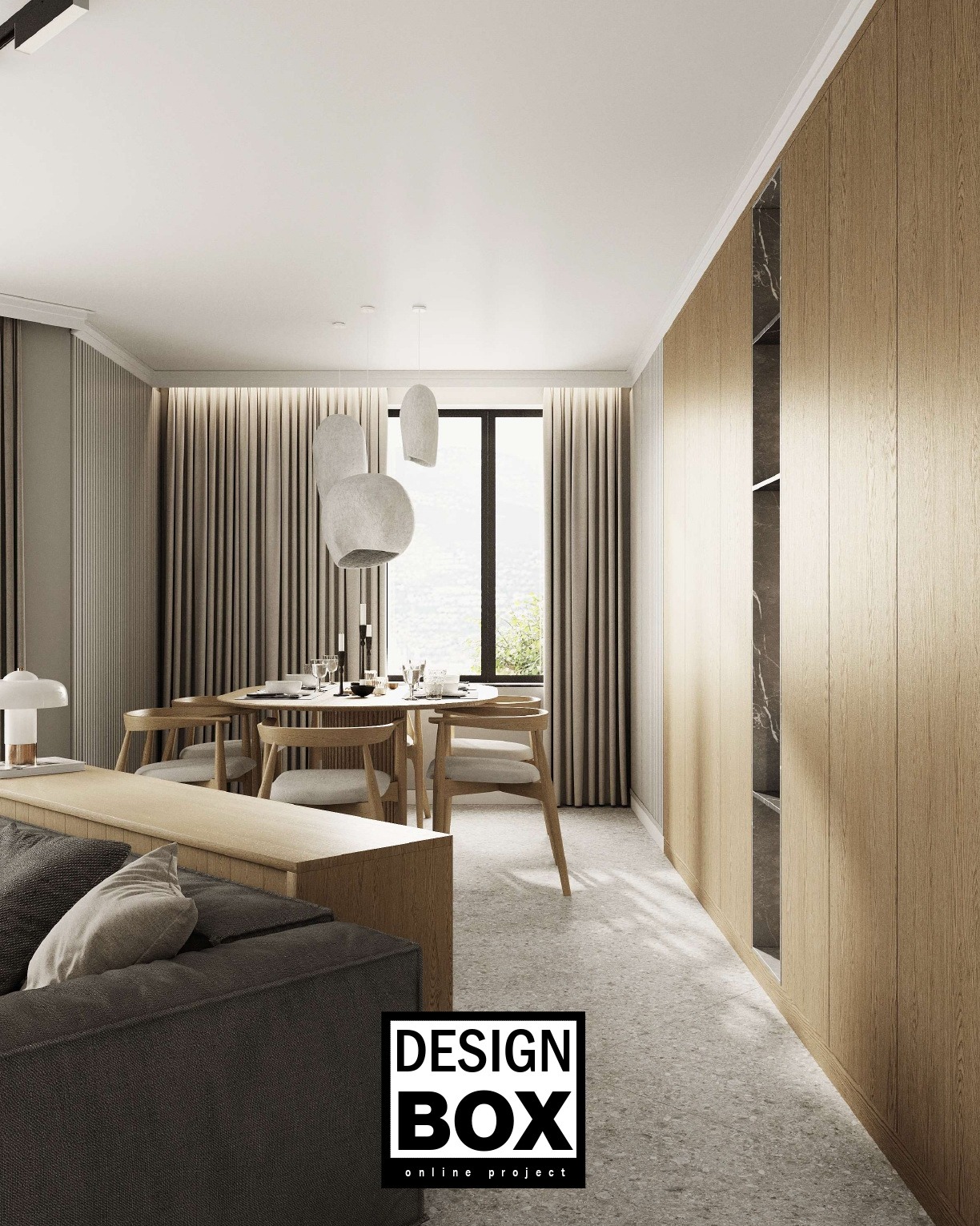 Stylowa aranżacja wnętrza z drewnianą zabudową, okrągłym stołem i nowoczesnymi lampami wiszącymi. Stonowana kolorystyka, minimalistyczny design, widok na zieleń za oknem.