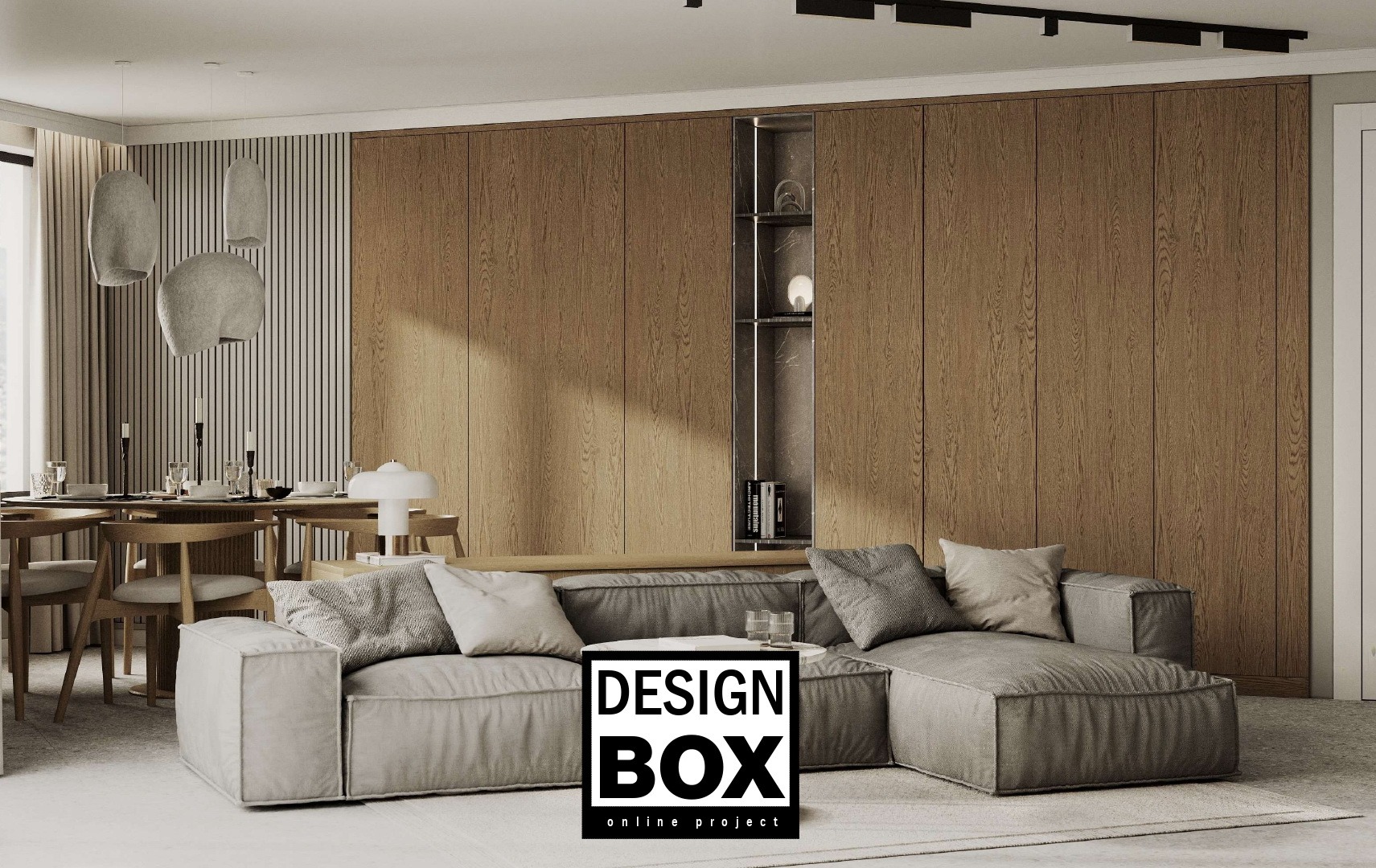 Elegancka aranżacja salonu z drewnianą zabudową, szarą sofą modułową i designerskimi lampami wiszącymi. Minimalistyczny stół z krzesłami w tle.