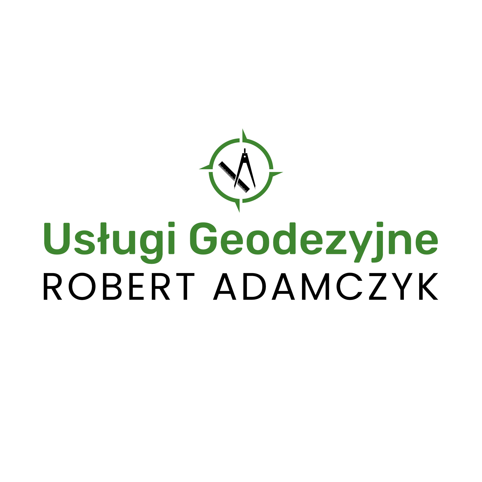 Logo firmy Usługi Geodezyjne Robert Adamczyk z kompasem, kątomierzem i linijką w zieleni. Czarny tekst nazwy firmy na białym tle.
