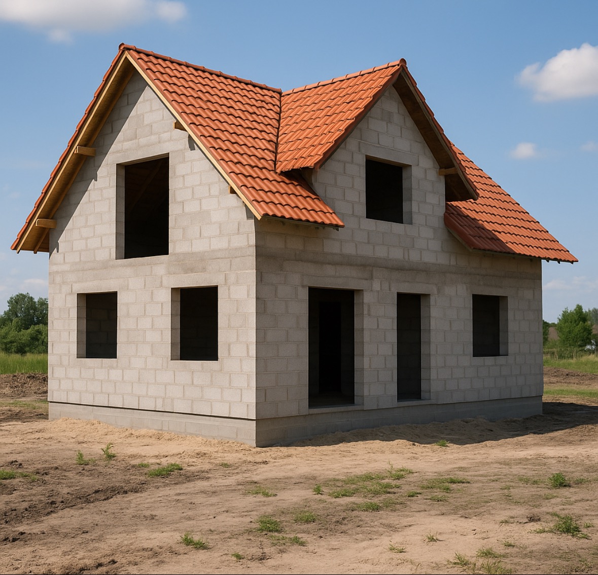 Surowy dom z betonu komórkowego pod czerwoną dachówką, w trakcie budowy, w słoneczny dzień na tle błękitnego nieba i zieleni. Widoczne otwory okienne i drzwiowe.
