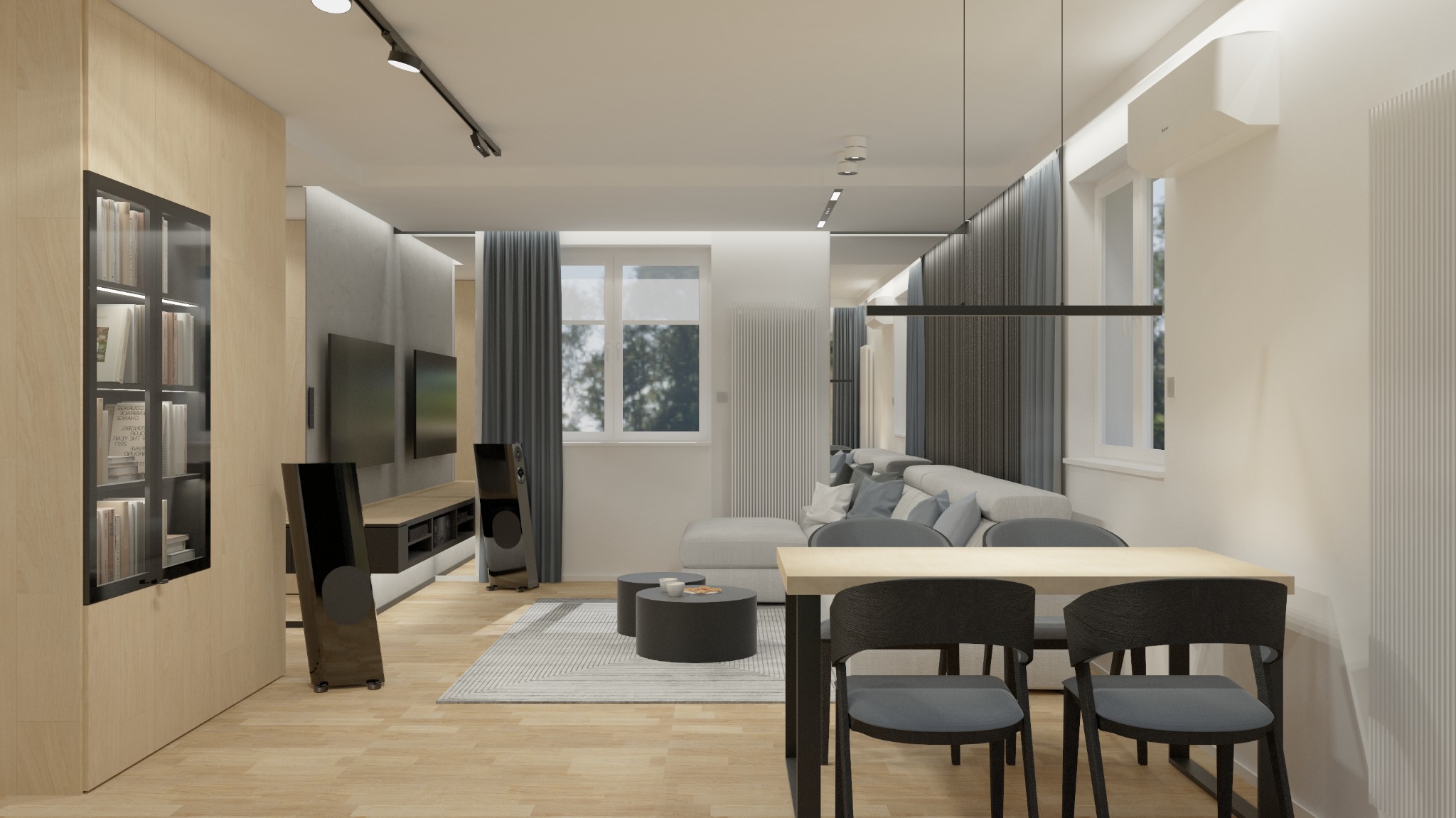 Wizualizacja salonu z drewnianą podłogą, szarą sofą, czarnymi głośnikami i stołem z krzesłami. Minimalistyczne oświetlenie punktowe i duże okna.