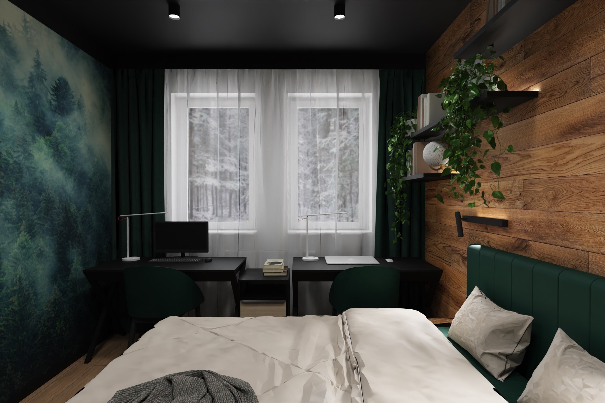 Nowoczesna sypialnia z dwoma biurkami, tapetą leśną i drewnianą ścianą akcentową. Zielone akcenty w postaci zasłon i zagłówka dodają elegancji.