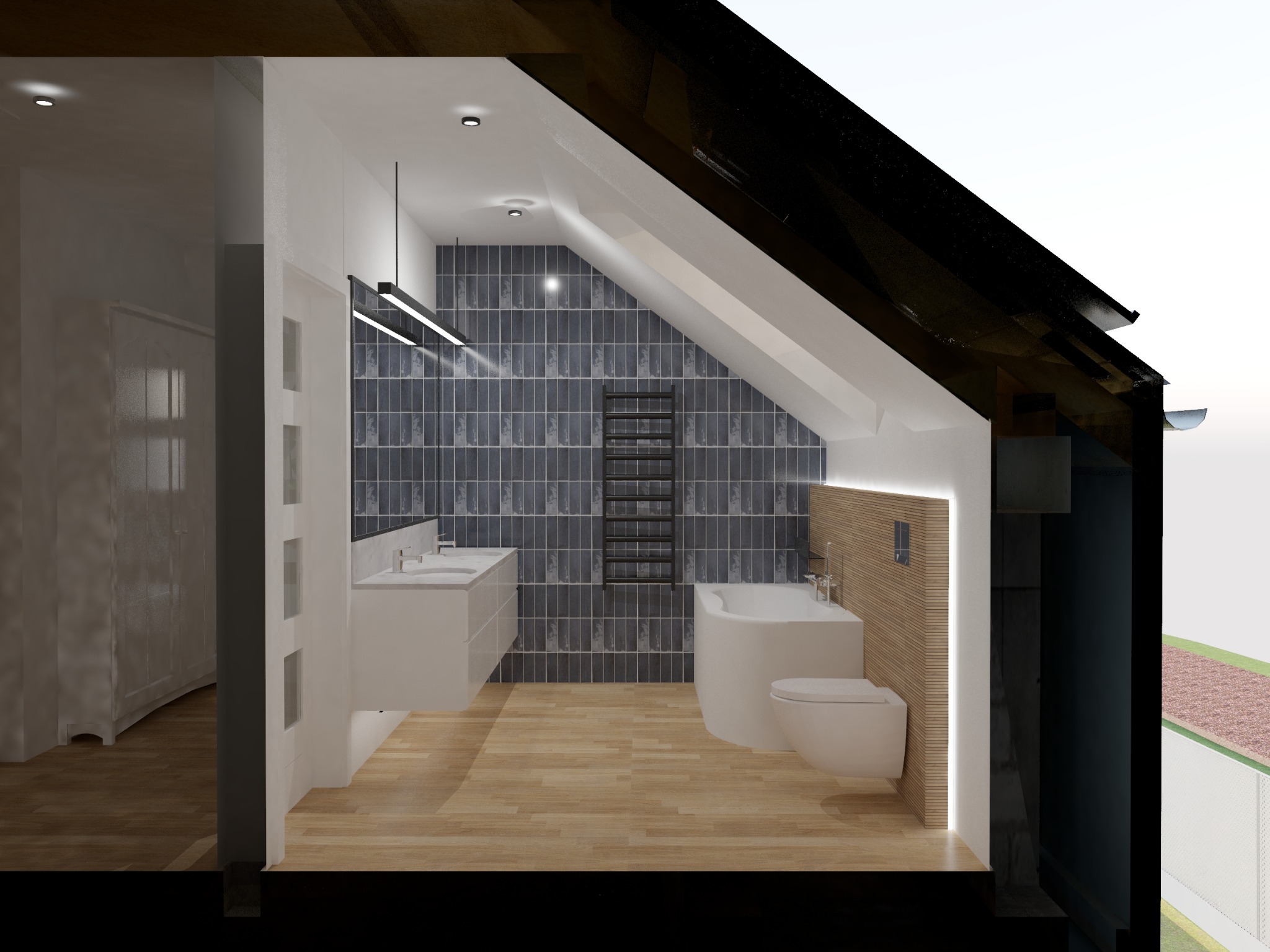 Przekrój przez poddasze z nowoczesną łazienką: drewniana podłoga, szara mozaika na ścianie, biała wanna i umywalka. Oświetlenie liniowe. Widok przez ścianę.