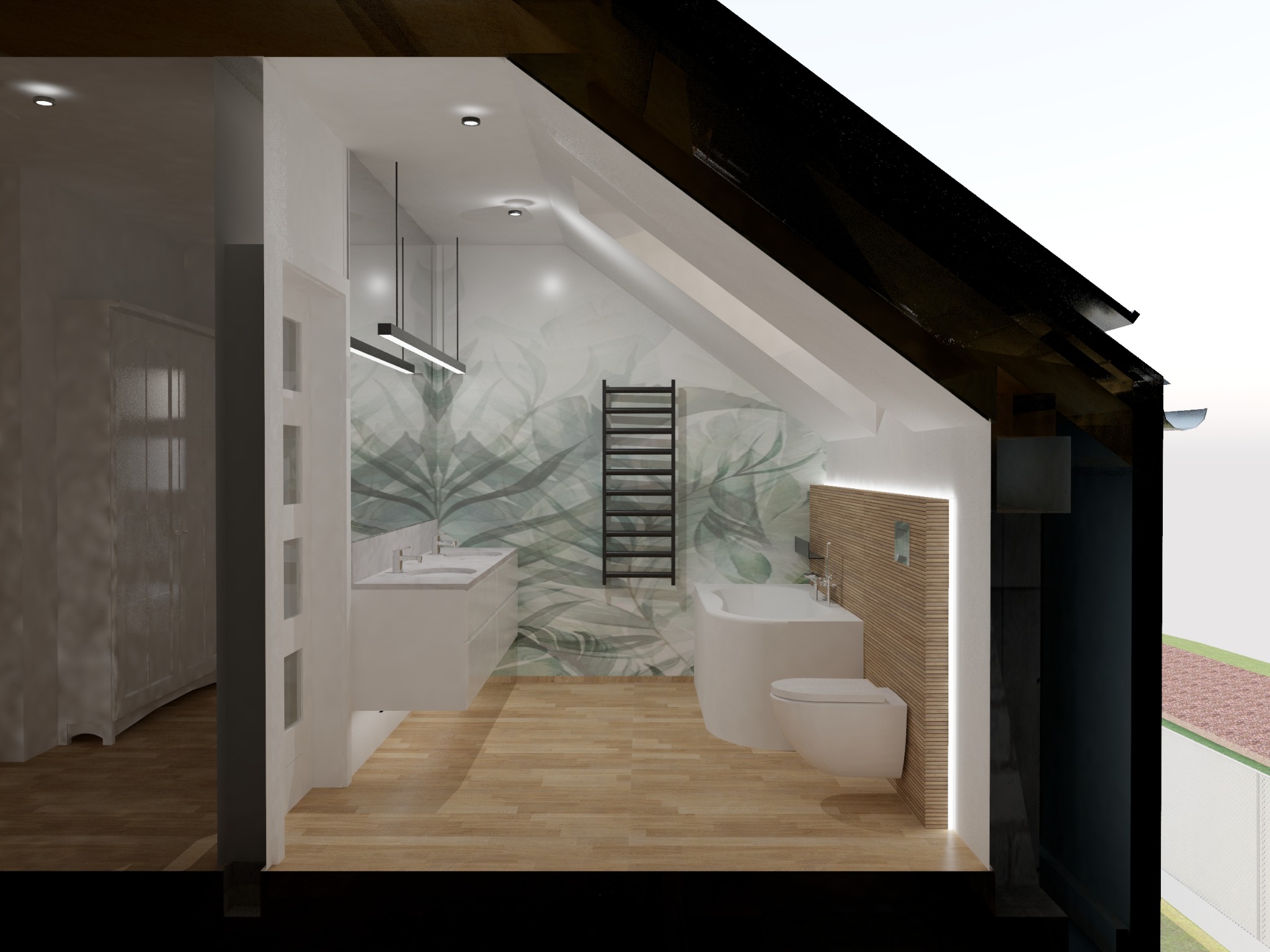 Przekrój 3D łazienki na poddaszu: wanna, toaleta, umywalka, grzejnik drabinkowy, drewniana podłoga i ściana z motywem roślinnym. Nowoczesne oświetlenie.