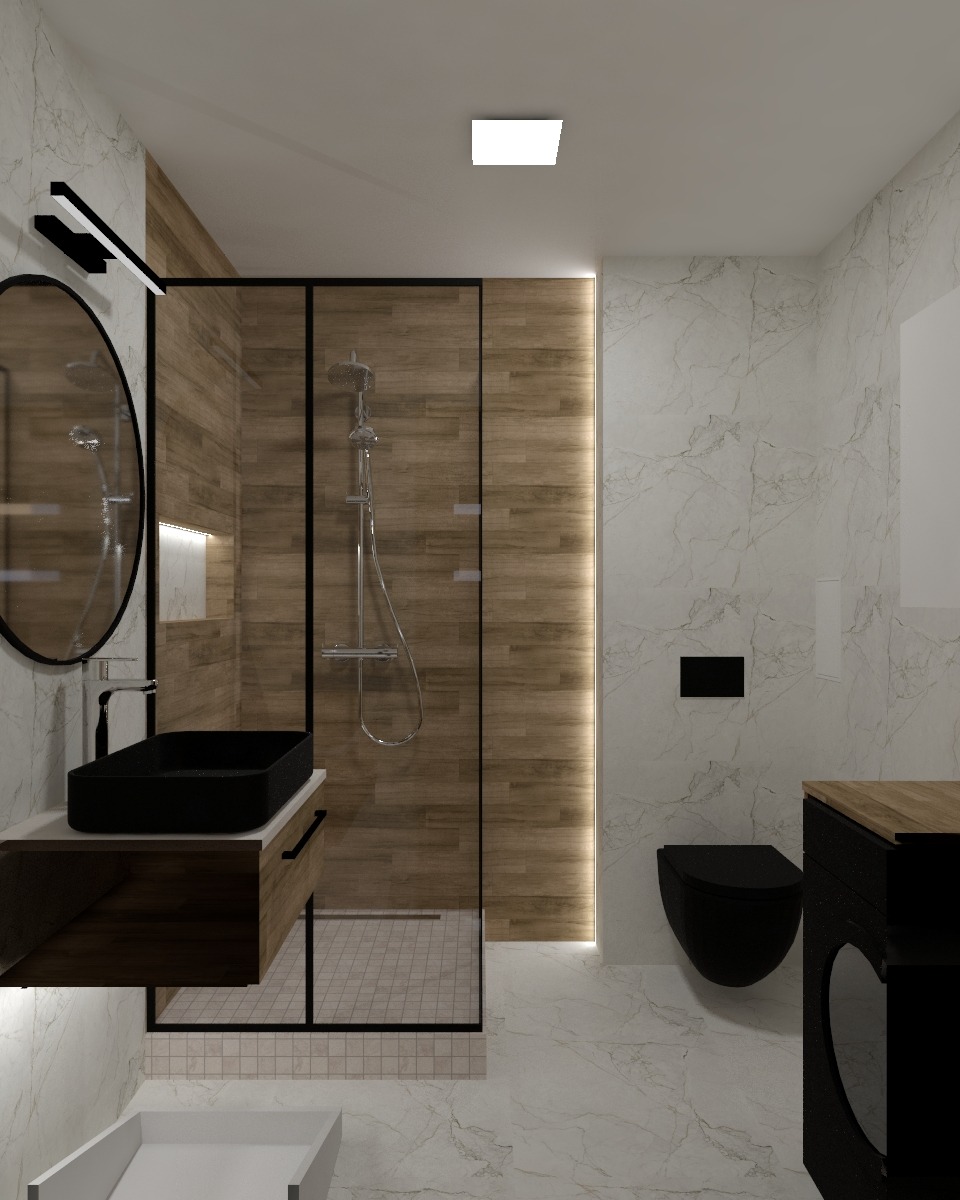 Nowoczesna łazienka z kabiną prysznicową typu walk-in, umywalką nablatową i armaturą w czarnym kolorze, podkreślona ciepłym oświetleniem LED i marmurowymi płytkami.