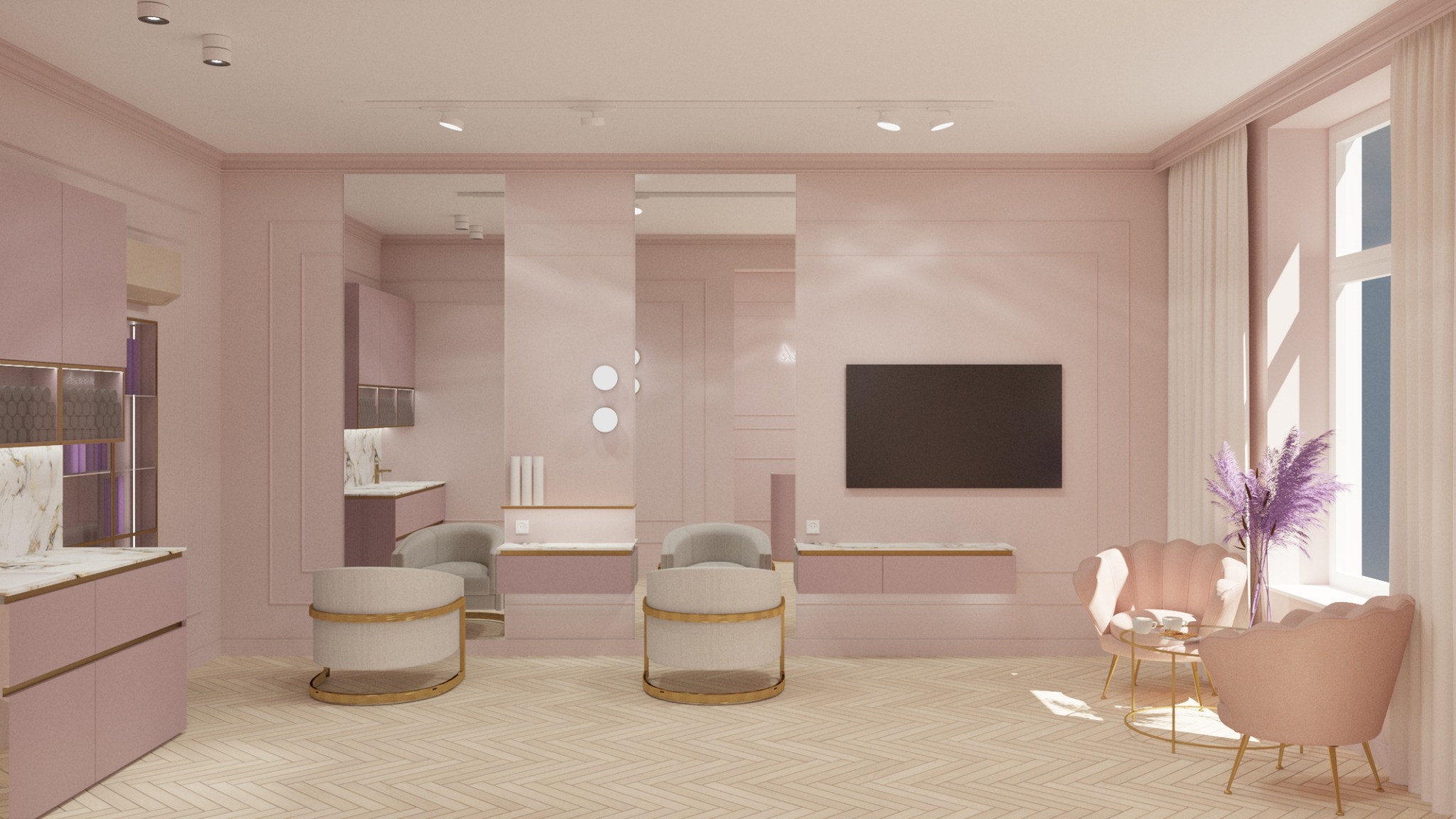 Różowe wnętrze: kuchnia z marmurowym blatem, lustra, fotele z metalowymi nogami i telewizor na ścianie. Całość w pastelowych odcieniach, z parkietem w jodełkę.