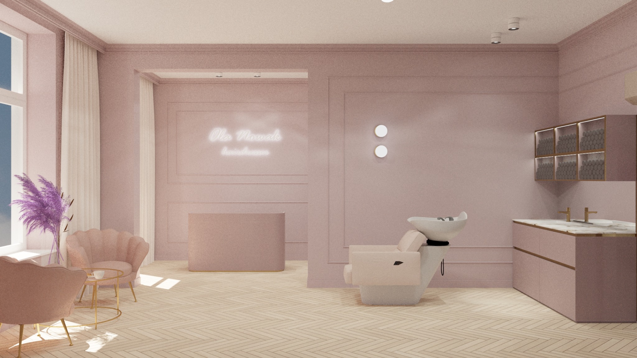 Różowe wnętrze salonu fryzjerskiego z fotelem do mycia, recepcją i szafkami. Uwagę przyciąga neon z nazwą salonu i parkiet ułożony w jodełkę.