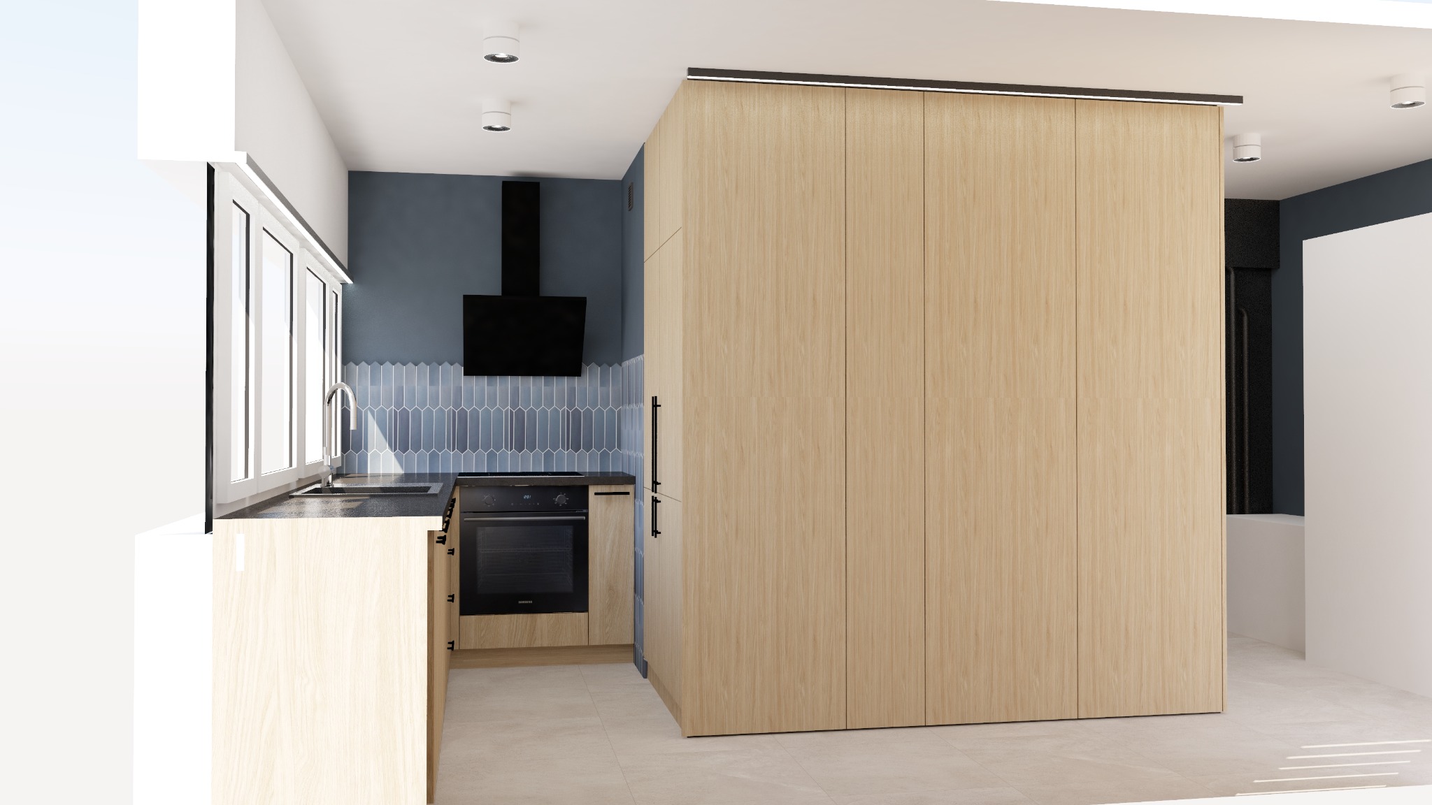 Wizualizacja kuchni z drewnianą zabudową, niebieskimi płytkami w jodełkę nad blatem i czarnym okapem. Minimalistyczny design z oświetleniem punktowym.