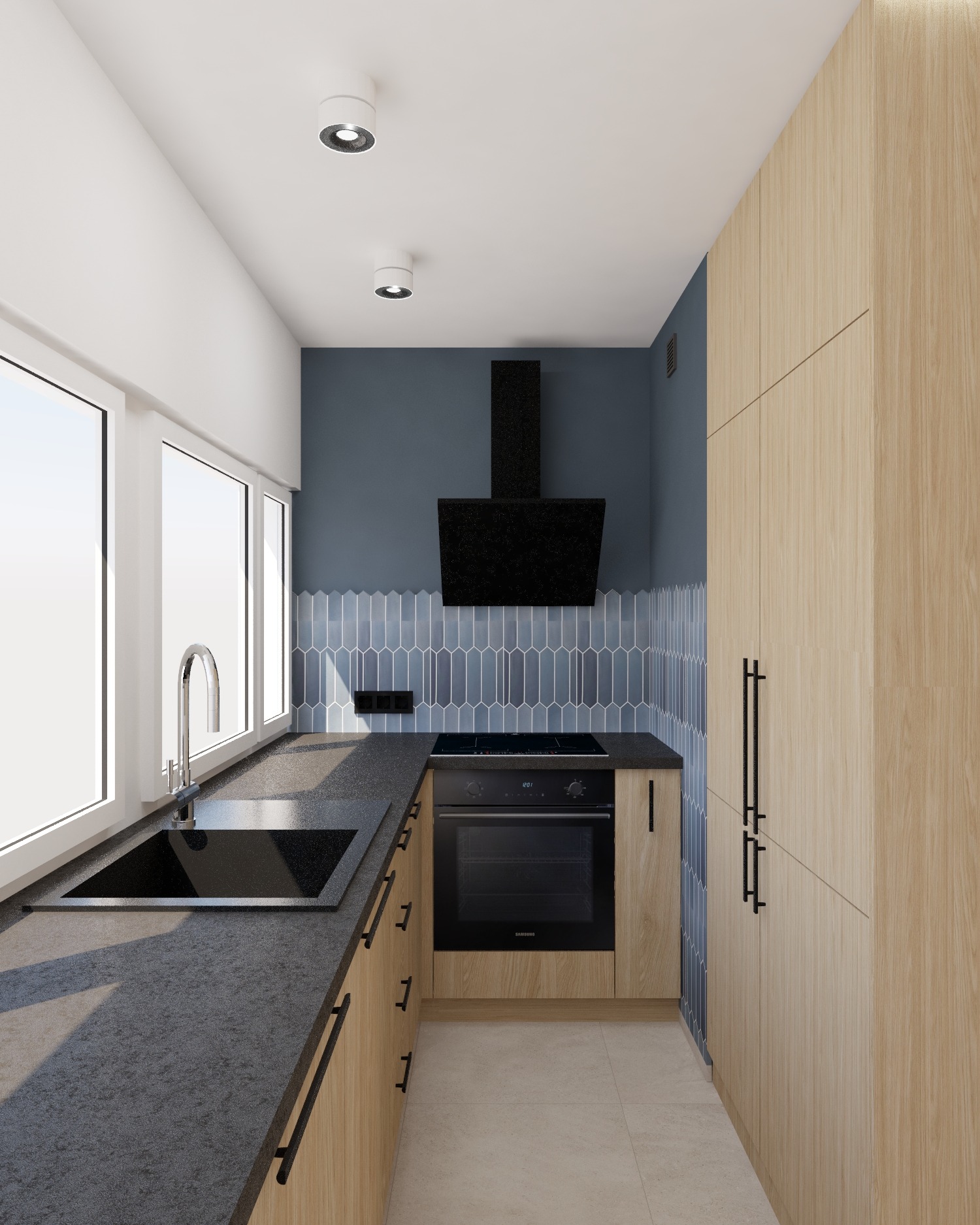 Wąska kuchnia z oknem: drewniane szafki z czarnymi uchwytami, czarny zlew w szarym blacie, niebieskie płytki na ścianie i czarny okap. Nowoczesny minimalizm.
