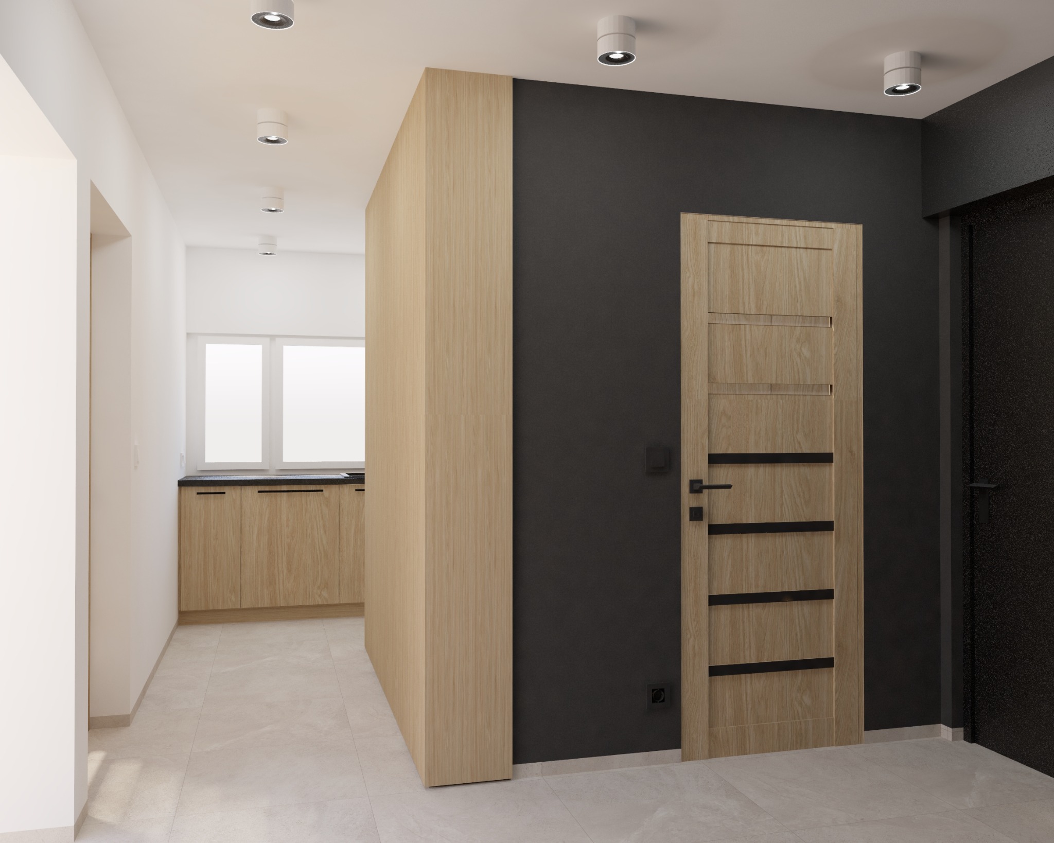 Wnętrze mieszkania: korytarz z drewnianą zabudową, dwoje drzwi (jedne z drewnianymi aplikacjami), szara ściana. W tle widoczna kuchnia.