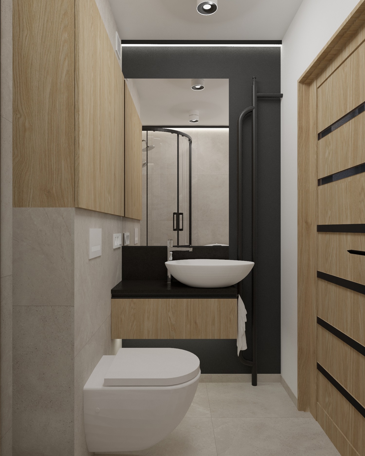 Nowoczesna łazienka z drewnianymi szafkami, okrągłą umywalką na czarnym blacie i kabiną prysznicową w tle. Minimalistyczny design z akcentami czerni.