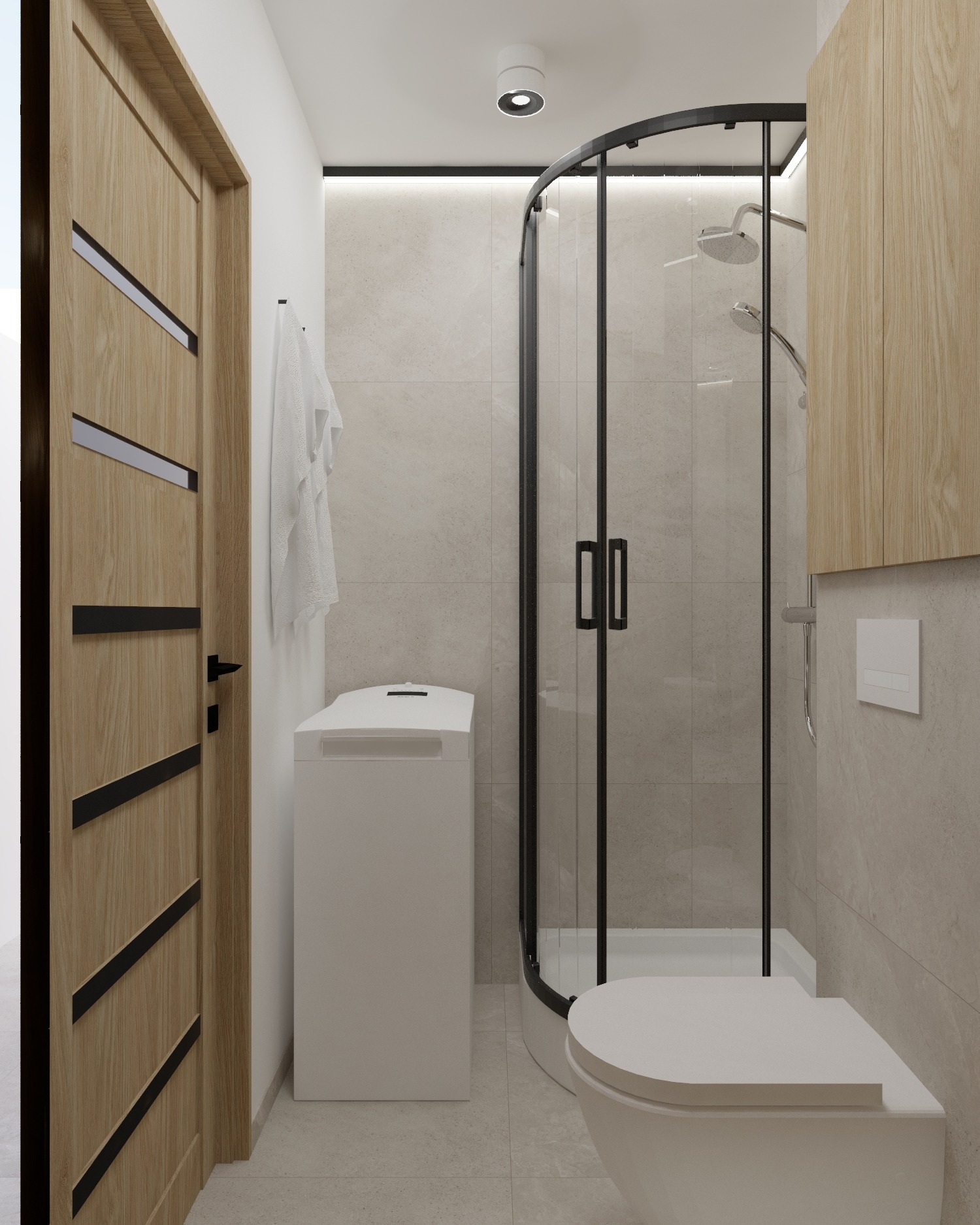 Nowoczesna łazienka z kabiną prysznicową typu walk-in, drewnianą szafką i pralką, utrzymana w jasnej, neutralnej kolorystyce z akcentami czerni.