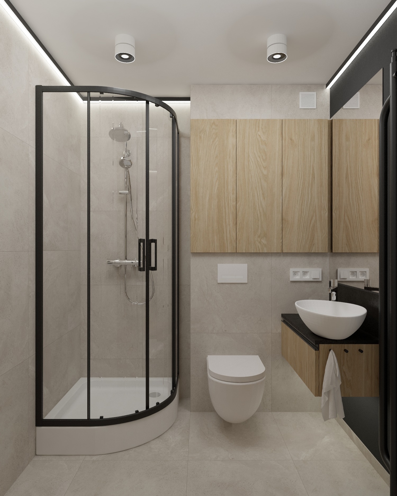 Nowoczesna łazienka z kabiną prysznicową typu walk-in, umywalką nablatową i drewnianymi szafkami, oświetlona listwami LED i punktowymi lampami sufitowymi.