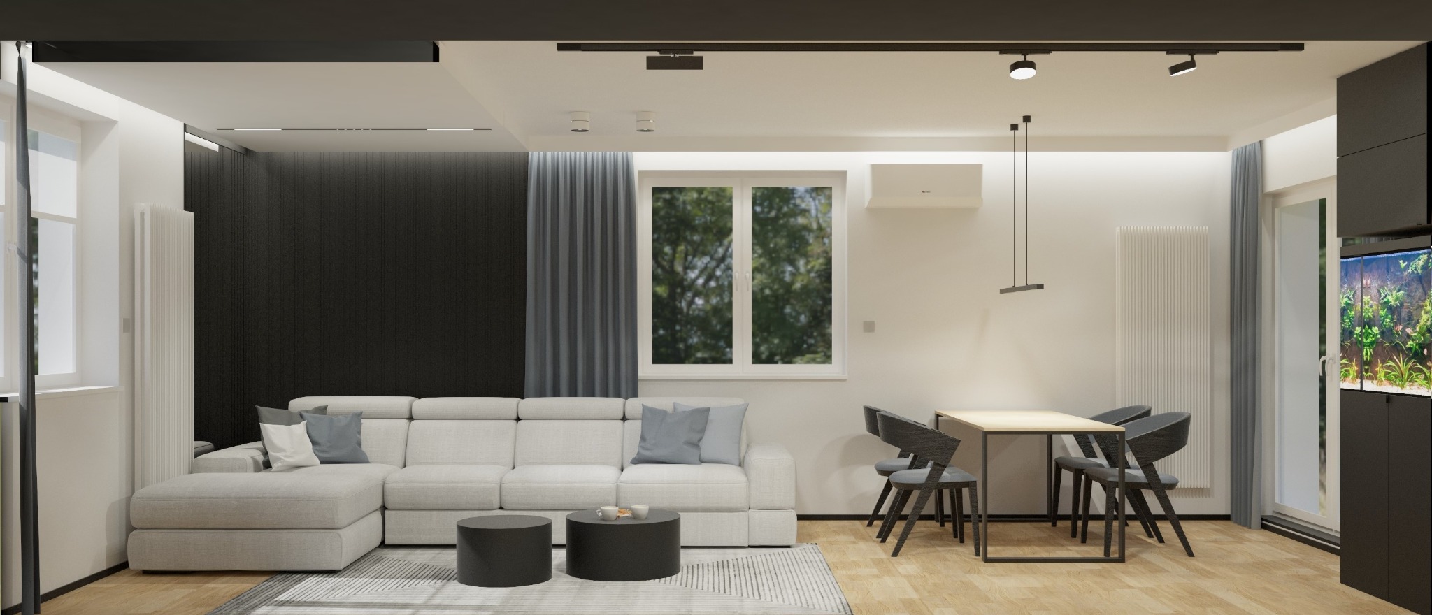 Nowoczesny salon z narożną sofą, stolikami kawowymi, akwarium i jadalnią. Minimalistyczny design, stonowana kolorystyka, oświetlenie punktowe i duże okno.