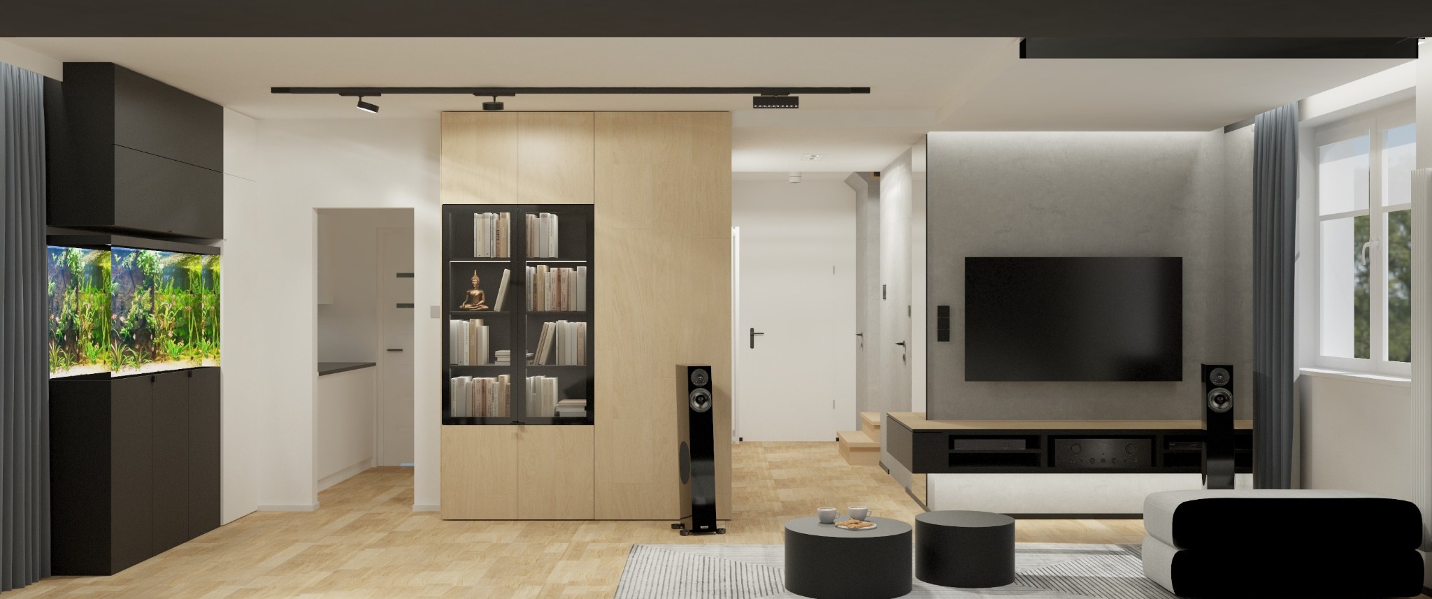 Nowoczesny salon z akwarium, drewnianą zabudową regałową i szarą ścianą TV. Minimalistyczny design z oświetleniem punktowym i drewnianą podłogą.