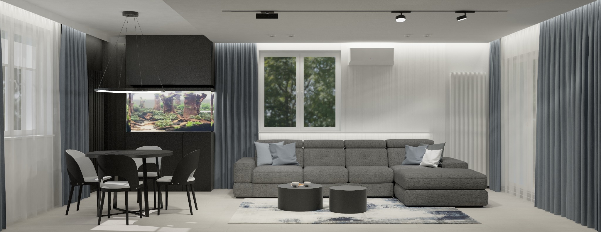 Nowoczesne wnętrze z akwarium w zabudowie: szary narożnik, okrągły stół z krzesłami, minimalistyczne oświetlenie, zasłony w odcieniach szarości i białe ściany.