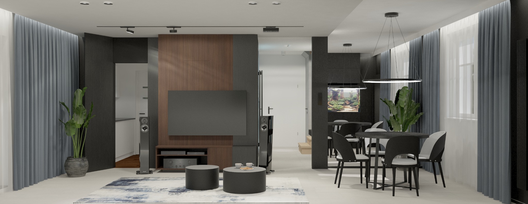 Nowoczesny salon z akwarium: ciemne meble, drewniana ściana z TV, okna z zasłonami. Minimalistyczny design z roślinami doniczkowymi i dywanem.