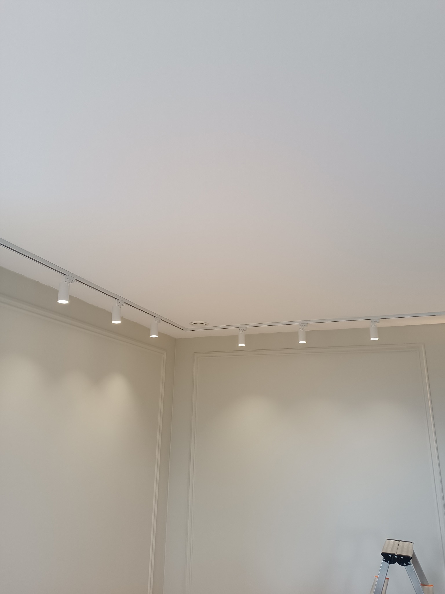 Białe reflektory szynowe zamontowane na suficie w narożnym pokoju z kremowymi ścianami i dekoracyjnymi listwami. W rogu widoczna drabina.