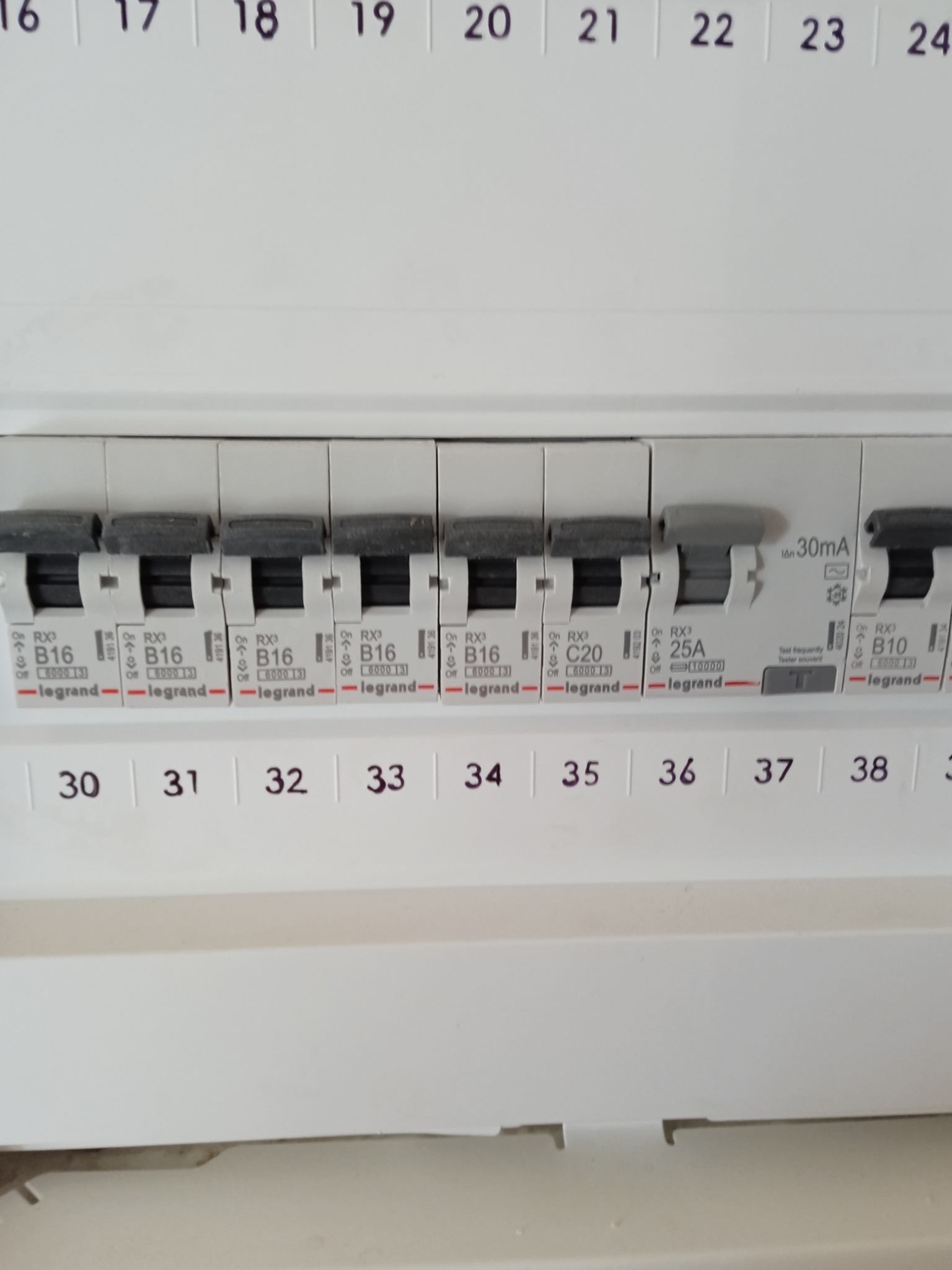 Tablica rozdzielcza Legrand z bezpiecznikami RX3 B16, C20, 25A i B10, oznaczona numerami od 16 do 38, w białej obudowie.