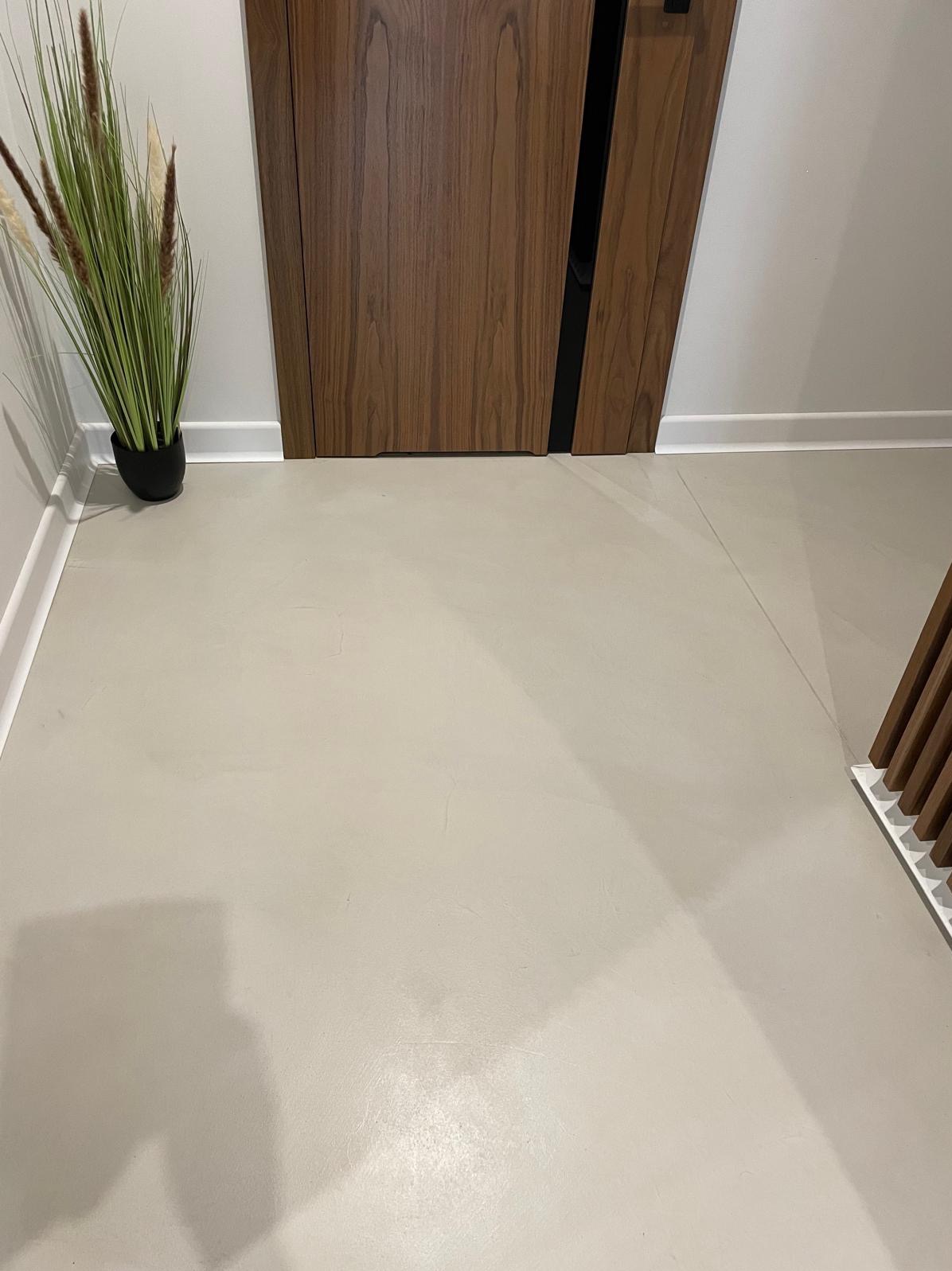 Jasna, gładka podłoga w neutralnym odcieniu, z widoczną drewnianą listwą przypodłogową i drzwiami z ciemnego drewna z czarnym akcentem. Obok drzwi stoi roślina w doniczce.