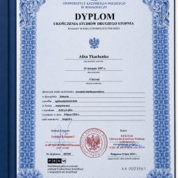Biuro Rachunkowe Alisa Tkachenko - Dyplom magistra Alisy Tkachenko z Uniwersytetu Kazimierza Wielkiego w Bydgoszczy, kierunek stosunki międzynarodowe, wydany 8 lipca 2024 r.