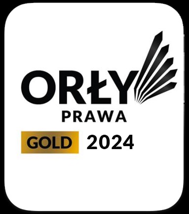 Logo 'Orły Prawa' GOLD 2024, czarny napis na białym tle, złoty akcent 'GOLD'. Symbolizuje prestiż i wysoką jakość usług prawnych.