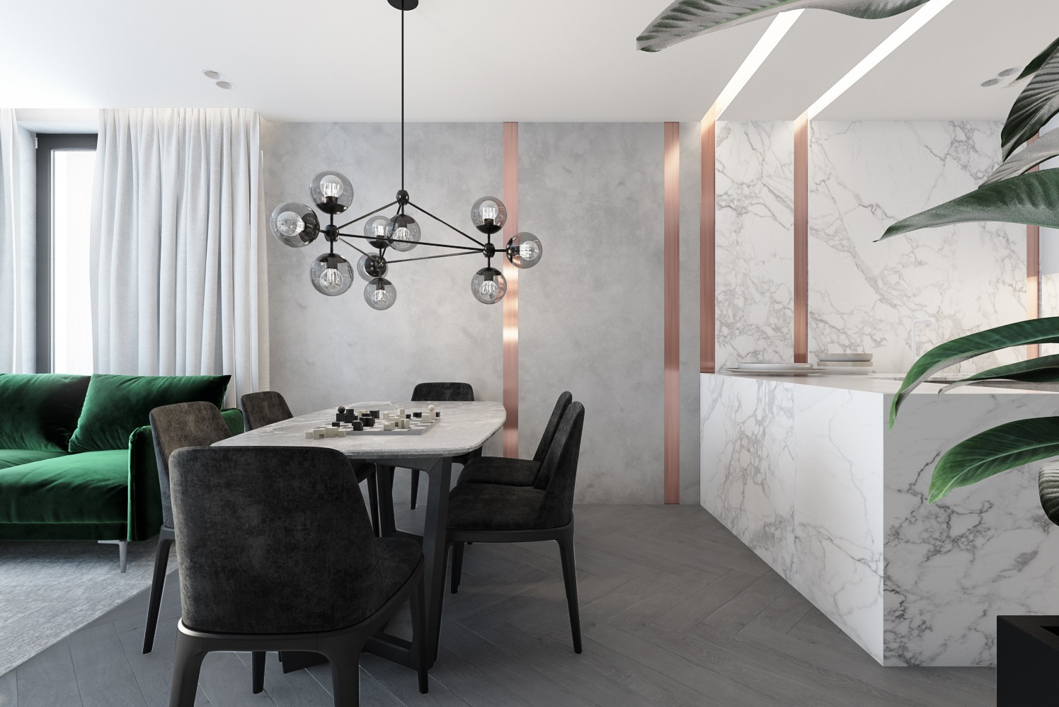 Nowoczesne wnętrze jadalni: marmurowa wyspa, szary stół z szachami, aksamitny zielony narożnik i designerska lampa wisząca.