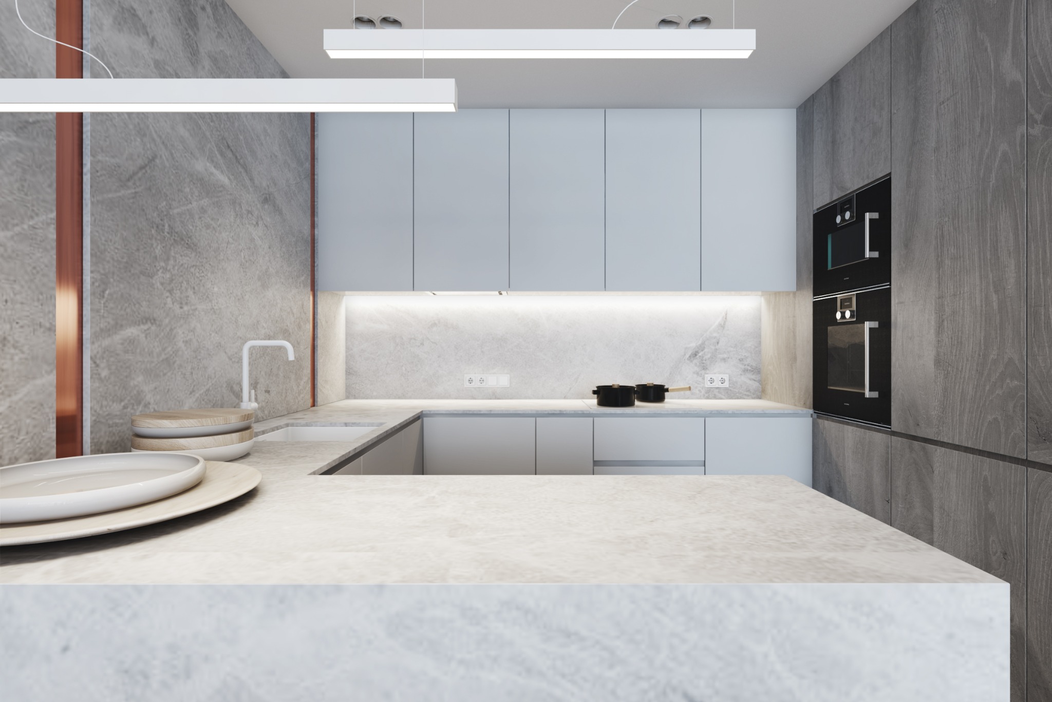 Nowoczesna kuchnia z marmurowym blatem, jasnymi szafkami i drewnianymi elementami. Oświetlenie LED podkreśla elegancki design. Widoczne naczynia i wbudowany piekarnik.