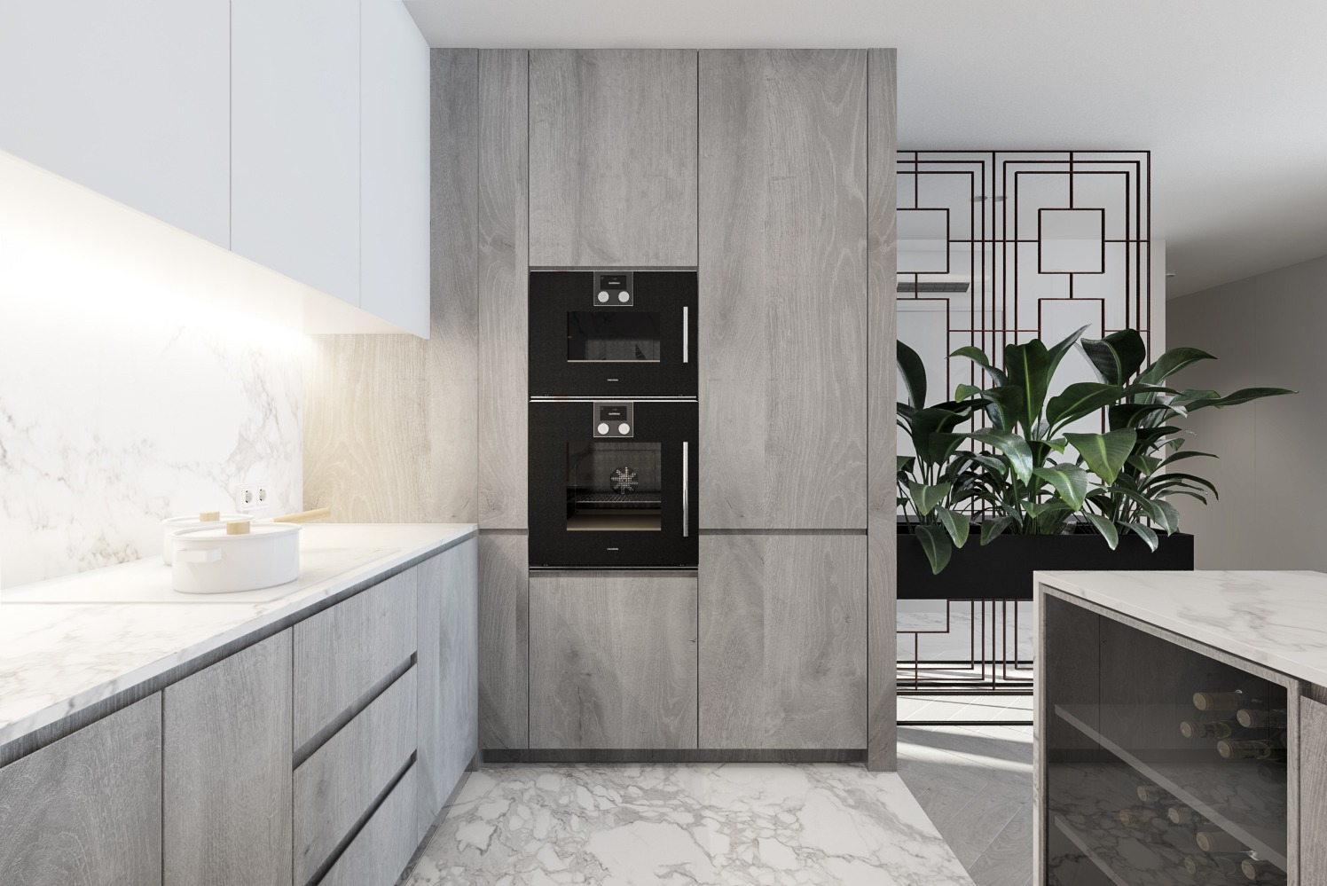 Nowoczesna kuchnia w odcieniach szarości z marmurowym blatem, zabudowanymi piekarnikami i roślinami w czarnej donicy. Ujęcie na wykończone wnętrze, estetyczne i minimalistyczne.