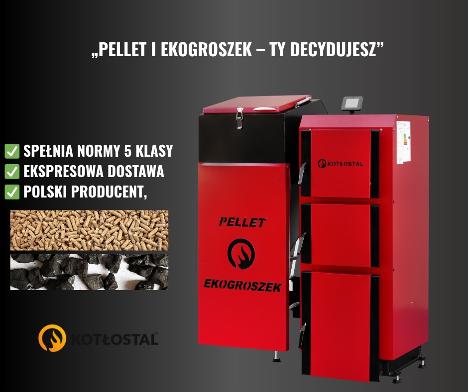 Czerwono-czarny piec Kotłostal na pellet i ekogroszek z informacjami o normach, dostawie i pochodzeniu. Widoczne paliwo: pellet i ekogroszek.