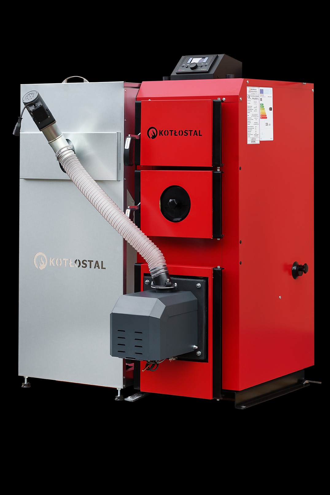Nowoczesny piec na paliwo stałe marki Kotłostal, z podajnikiem i elektronicznym sterowaniem, w kolorze czerwono-szarym, na czarnym tle.