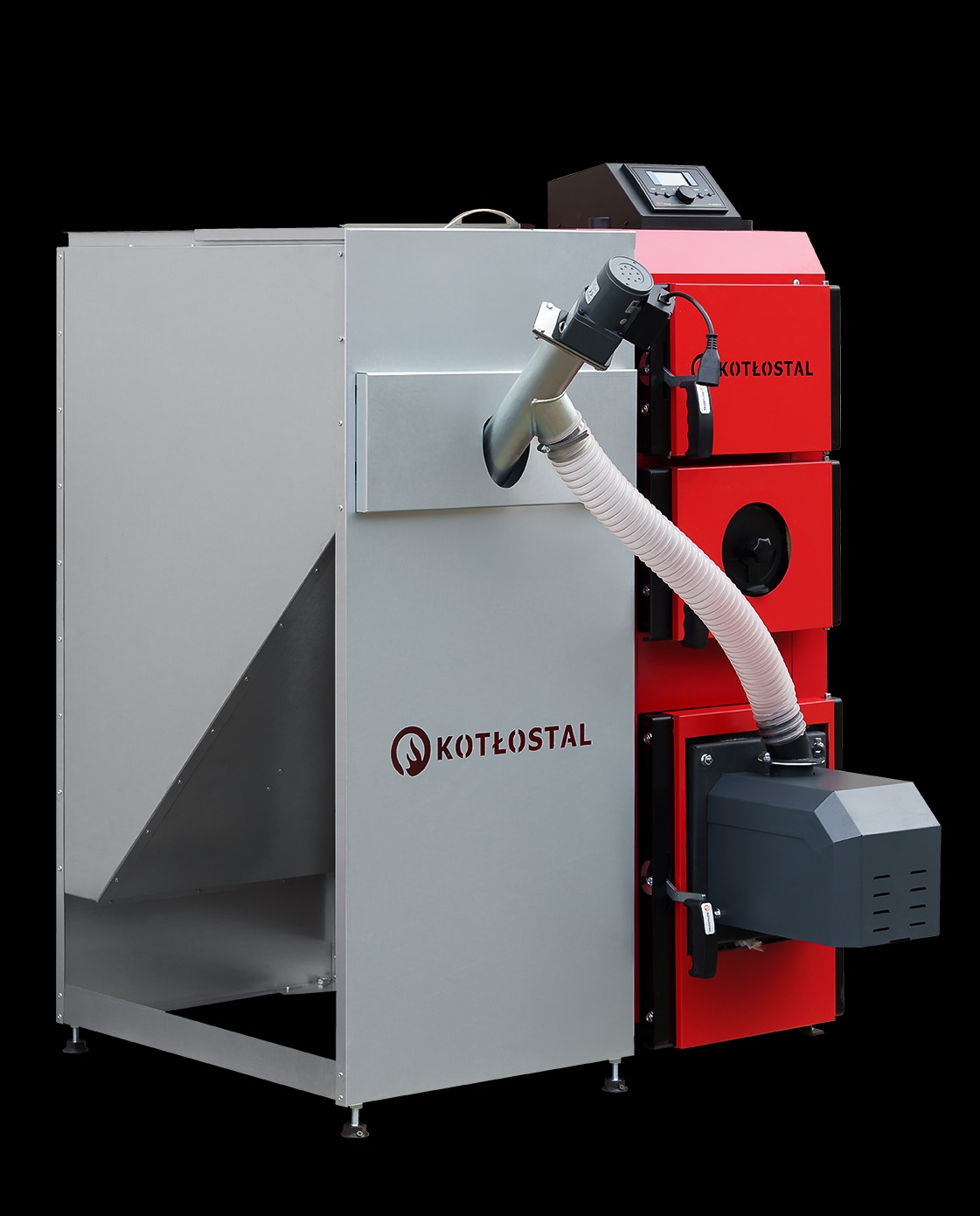 Nowoczesny piec na paliwo stałe marki Kotłostal, z podajnikiem i sterownikiem, w kolorach szarym i czerwonym, na czarnym tle. Widoczne detale konstrukcyjne.