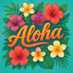 Ilustracja z napisem 'Aloha' otoczonym tropikalnymi kwiatami hibiskusa, plumerii i orchidei na turkusowym tle. Grafika w stylu retro.