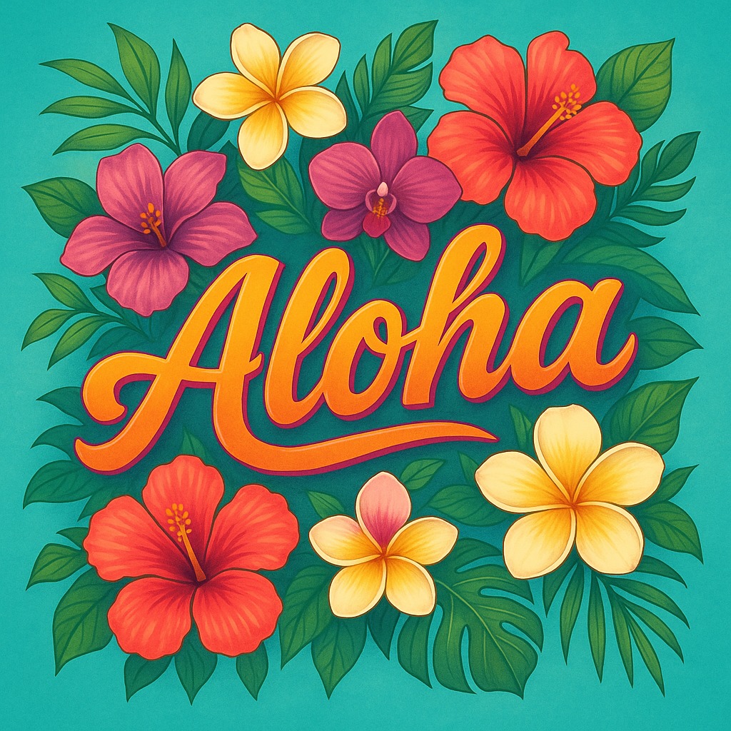 Ilustracja z napisem 'Aloha' otoczonym tropikalnymi kwiatami hibiskusa, plumerii i orchidei na turkusowym tle. Grafika w stylu retro.
