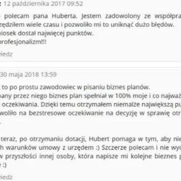 Hubert Siemieńczuk - Zrzut ekranu z pozytywnymi opiniami klientów o Hubercie, podkreślających profesjonalizm i skuteczność w pisaniu biznes planów oraz pozyskiwaniu dotacji.