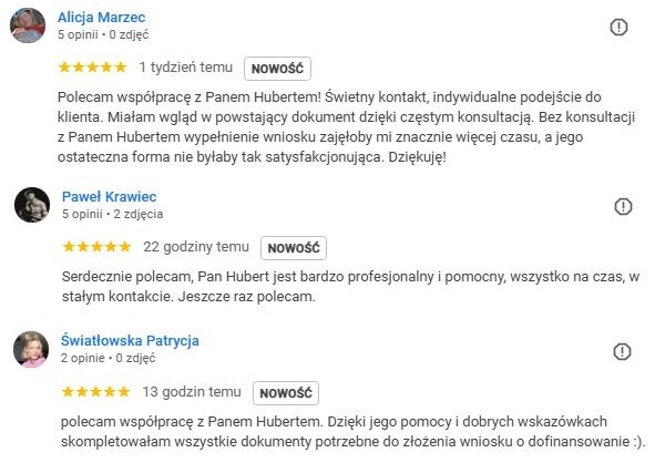 Opinie klientów o firmie: Alicja Marzec, Paweł Krawiec i Światłowska Patrycja polecają współpracę z Panem Hubertem. Podkreślają profesjonalizm i pomoc w dokumentach.