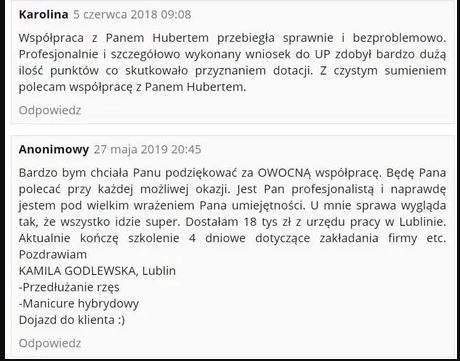 Dwa pozytywne komentarze klientów o współpracy. Pierwszy dotyczy dotacji z UP, drugi o wsparciu w założeniu firmy i uzyskaniu środków z urzędu pracy.