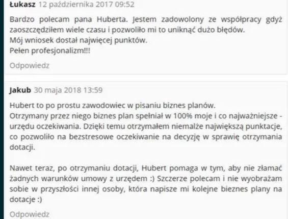 Zrzut ekranu z pozytywnymi opiniami klientów o Hubercie, podkreślających profesjonalizm i skuteczność w pisaniu biznes planów oraz pozyskiwaniu dotacji.