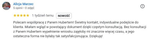 Opinia klientki Alicji Marzec z pięcioma gwiazdkami, polecającej współpracę z Panem Hubertem, podkreślając świetny kontakt i indywidualne podejście.
