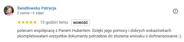 Opinia klientki: Światłowska Patrycja poleca współpracę przy kompletowaniu dokumentów do wniosku o dofinansowanie. Ocena 5 gwiazdek, oznaczenie 'NOWOŚĆ'.
