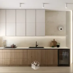 Nowoczesna kuchnia z białymi szafkami górnymi i drewnianymi dolnymi, czarny zlew i płyta indukcyjna, oświetlenie LED pod szafkami. Minimalistyczny design.