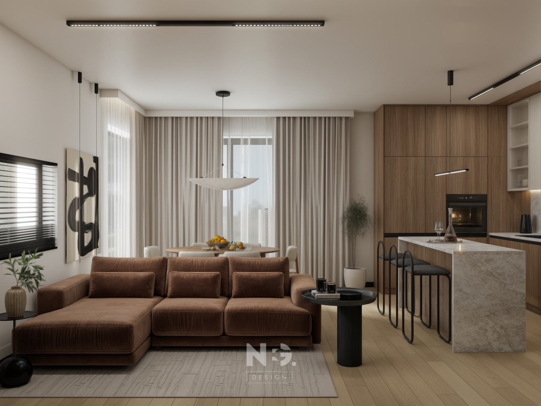 Komfortowa aranżacja wnętrza: brązowy narożnik, okrągły stół z owocami, drewniana zabudowa kuchenna z wyspą i minimalistyczne oświetlenie sufitowe.