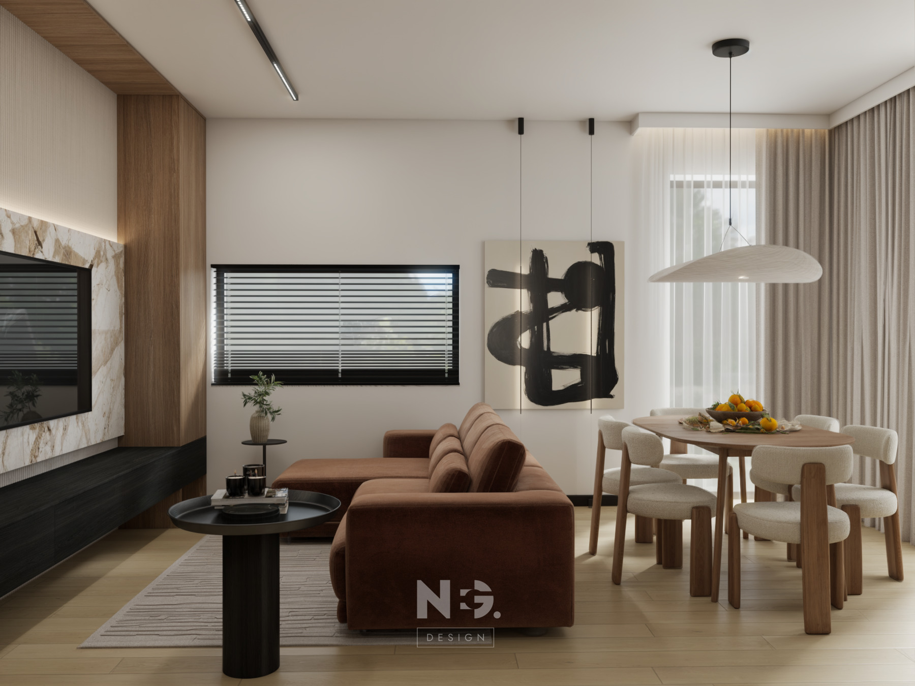 Wizualizacja salonu z brązową sofą narożną, okrągłym stołem jadalnym i abstrakcyjnym obrazem. Nowoczesne oświetlenie i drewniane akcenty dodają elegancji.