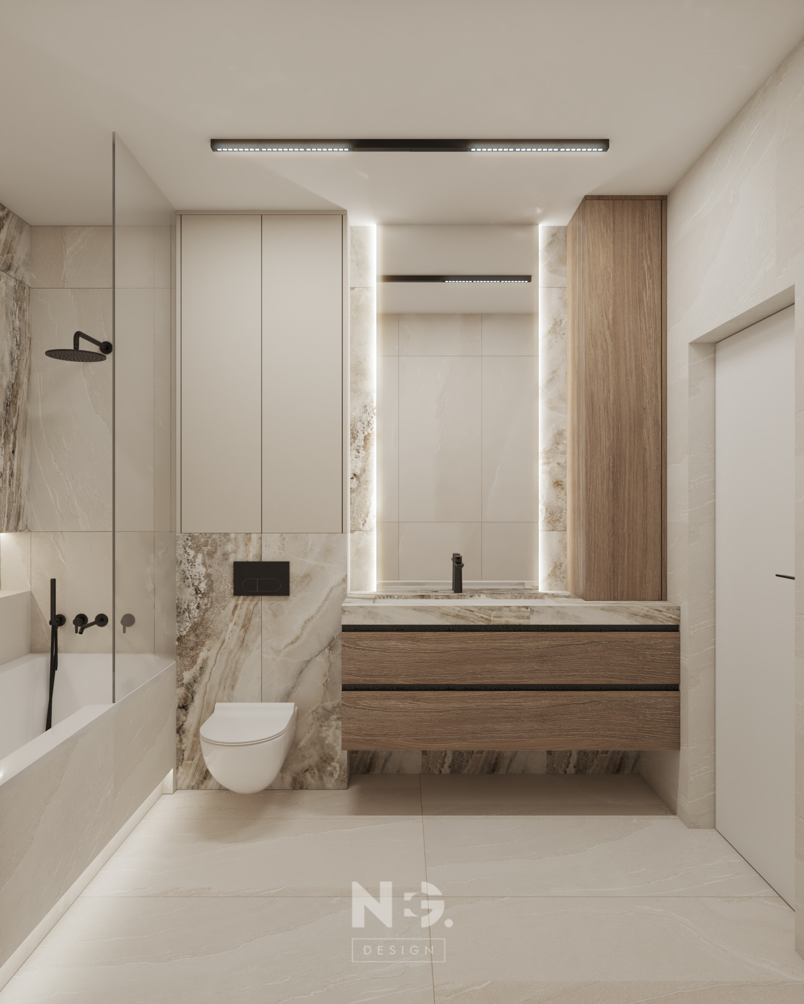 Nowoczesna łazienka z beżowymi płytkami imitującymi marmur, drewnianą szafką pod umywalką, czarną armaturą i oświetleniem LED.