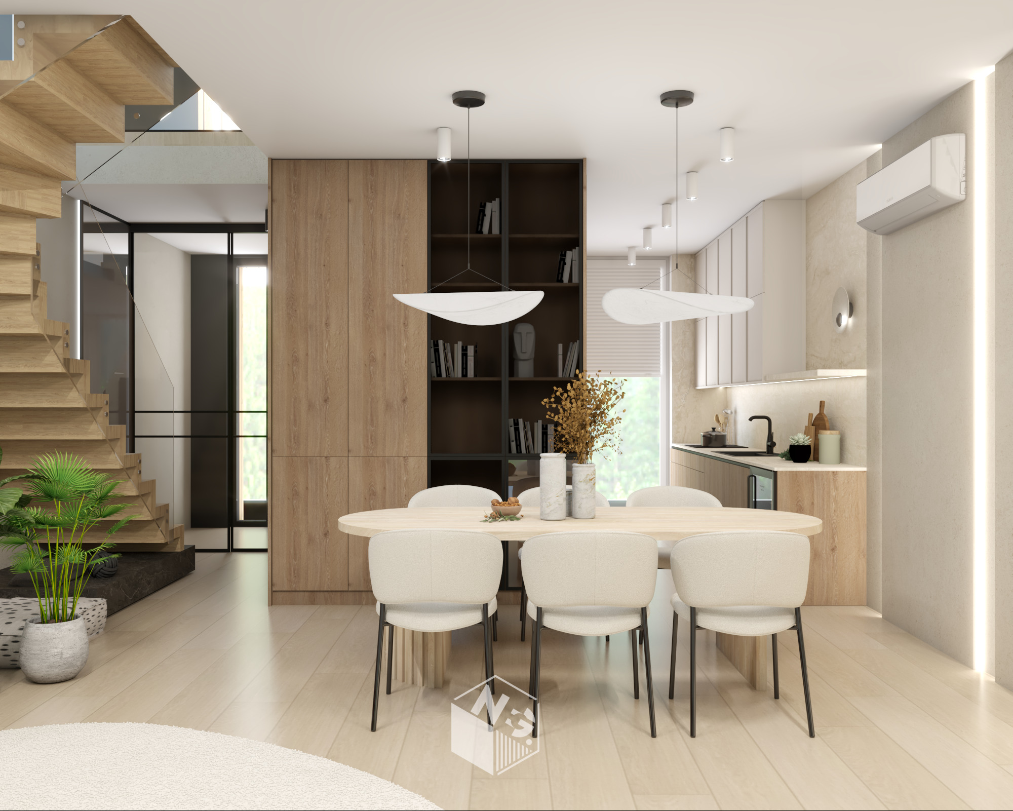 Jasna, nowoczesna jadalnia z drewnianymi schodami, stołem z krzesłami i otwartą kuchnią. Minimalistyczne lampy wiszące i oświetlenie LED podkreślają elegancję wnętrza.