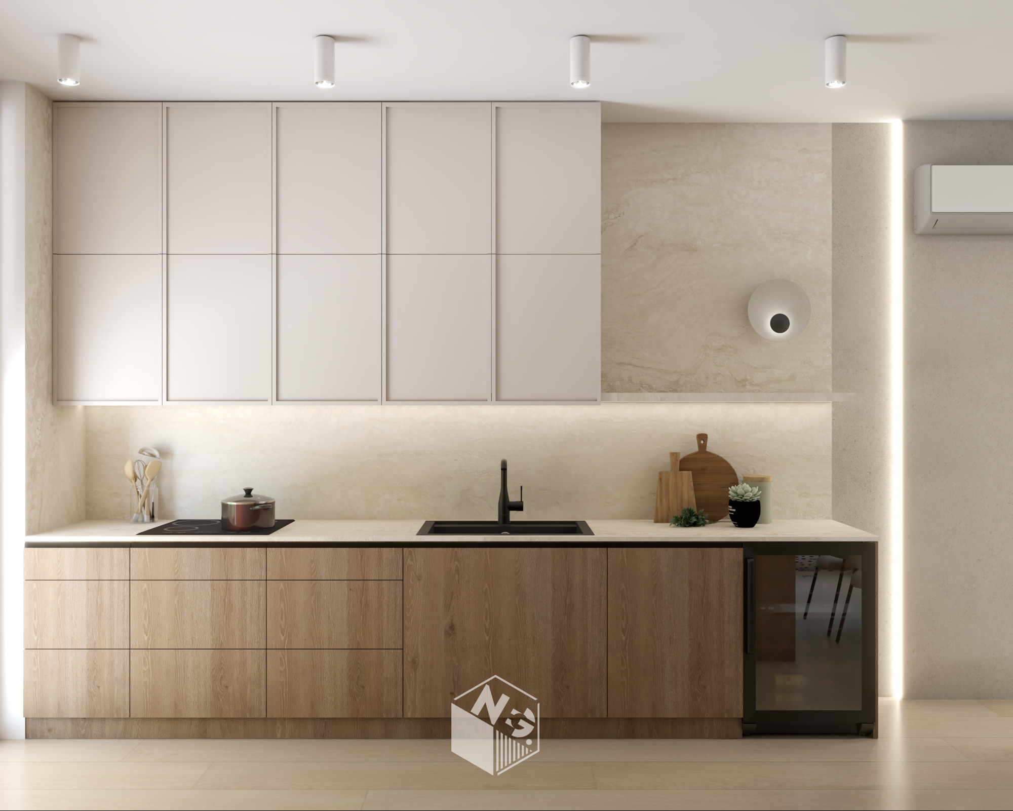 Nowoczesna kuchnia z białymi szafkami górnymi i drewnianymi dolnymi, czarny zlew i płyta indukcyjna, oświetlenie LED pod szafkami. Minimalistyczny design.