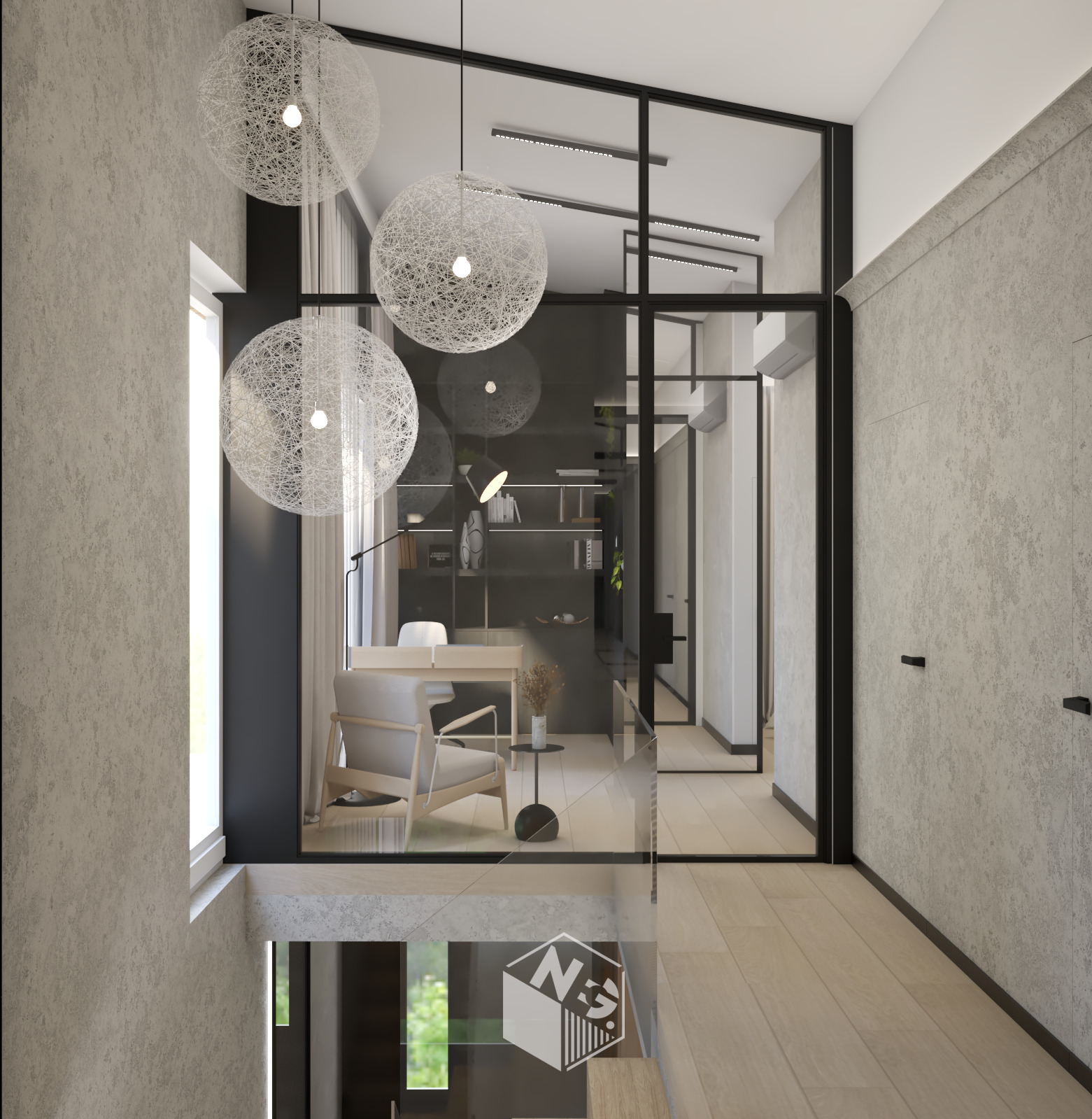 Nowoczesne biuro domowe z przeszkloną ścianą, lampami kulami i minimalistycznym biurkiem. Widok z góry na jasną przestrzeń biurową z elementami betonu architektonicznego.